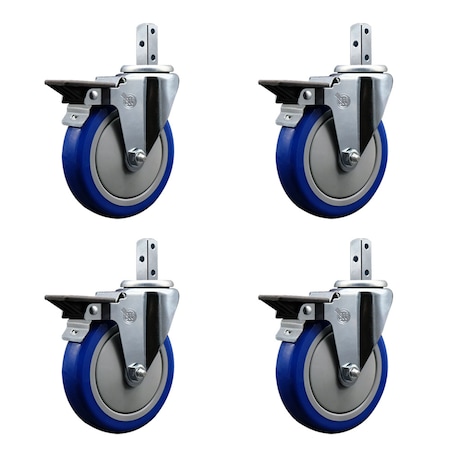 Service Caster 5'' Blue Poly Wheel Swivel 3/4'' Square Stem Caster Set with Brake, 4PK SCC-SQ20S514-PPUB-BLUE-PLB-34-4